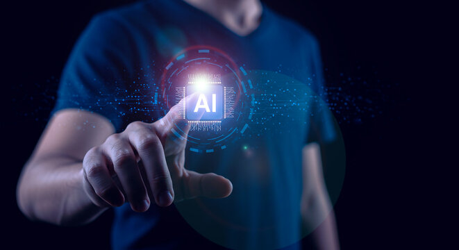  AI Interaction &ndash; Researcher Pressing a Virtual AI Button to Enter a AI world