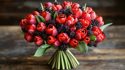 Red tulips and berries bouquet on wooden table. Possible use Greeting card, gift