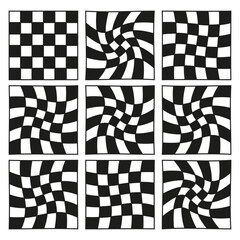 Black white checkerboard. Optical illusion pattern. Wavy checkered texture. Abstract geometric shape.