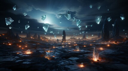 A field of floating diamonds pulsing with cosmic energy bursts