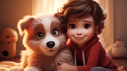 3D Cartoon Child Embracing Cute Dog in Cozy Indoor Setting