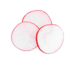 Slices of fresh radish isolated on white, top view