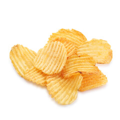 Pile of tasty ridged potato chips isolated on white