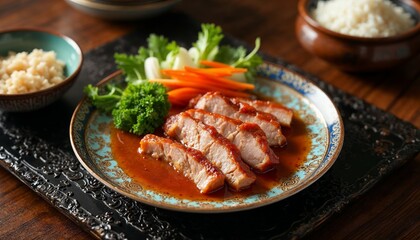 Delicious char siu pork slices on plate, served with rice and vegetables