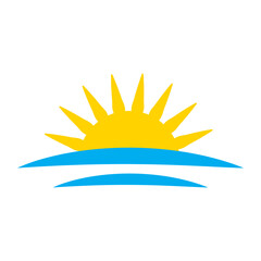 Rising sun icon. Bright yellow sunshine. Blue water waves. Vector illustration.