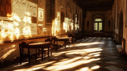 Fototapeta premium A museum corridor with historical timelines projected onto the walkway.