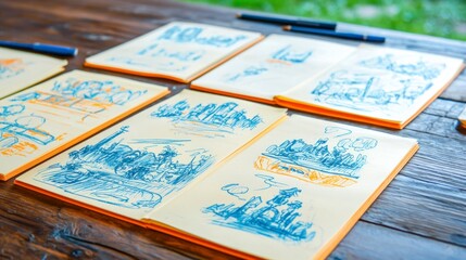 Fototapeta premium Storyboard Sketches Creative Process Blue Ink Drawings Urban Landscapes Nature Scenes