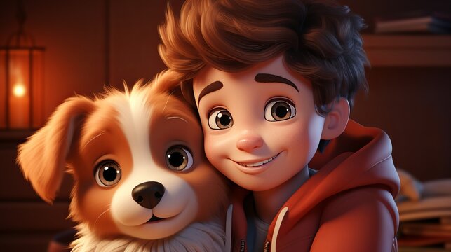 Charming 3D Cartoon Child Hugging Adorable Dog on National Dog Day