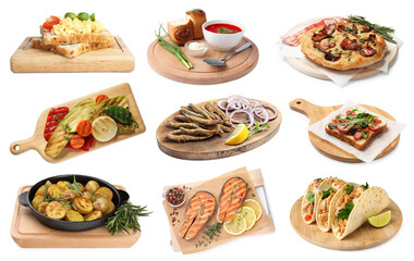 Serving boards with different dishes isolated on white, set