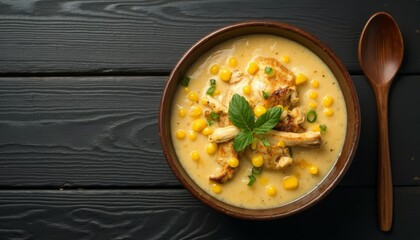 Delicious creamy corn and chicken chowder in a rustic bowl close up