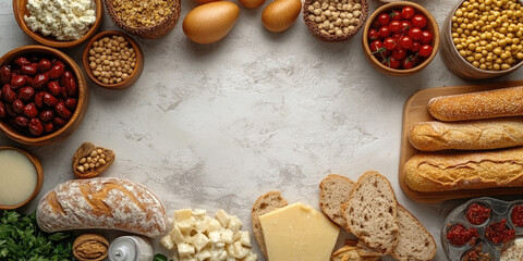 various food groups like bread, cheese, dairy, grains, and produce, arranged around a central space for topics related to nutrition, cooking, healthy eating, recipes, or food diversity