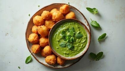 Delicious Fried Cheese Balls Served with Creamy Green Dip and Fresh Mint