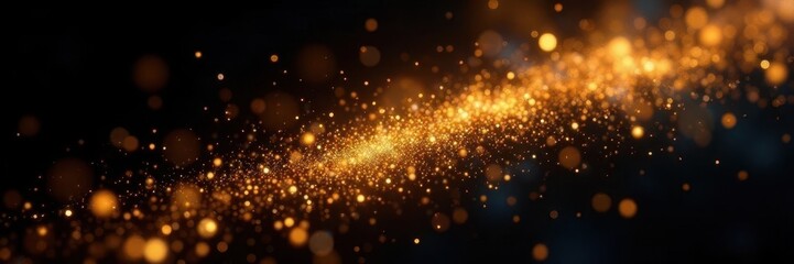 Obraz premium Sparkling golden particles suspended in mid-air over a black canvas, golden particles, cosmic