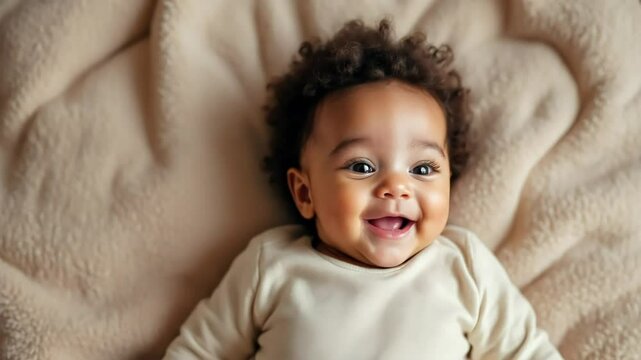 A heartwarming close-up of a baby girl with curly brown hair, wearing a light beige/cream colored long-sleeve bodysuit, lying happily on a soft, textured beige blanket.