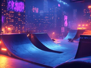 Night Skatepark with Ramps and Cyberpunk Cityscape Backdrop Illustration