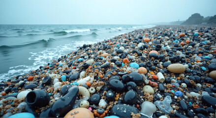 Floating Plastic Waste Ocean, seascape featuring an enormous accumulation of floating plastic waste.