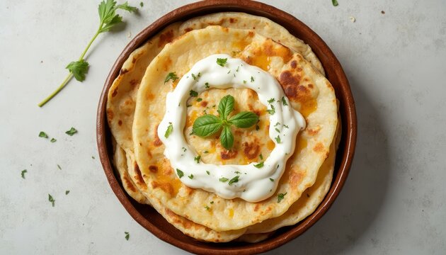 Delicious homemade paratha with yogurt and fresh herbs in a bowl, top view