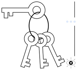 Four interconnected vintage keys on a ring with a minimalist eye symbol. Ideal for security, access, solutions, opportunity, vision, privacy, trust visuals. Flat simple metaphor