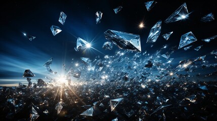 A field of floating diamonds pulsing with cosmic energy bursts