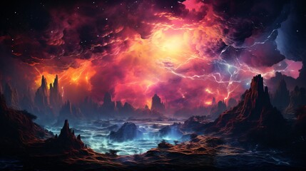 A neon-colored energy storm forming a surreal cosmic waterfall