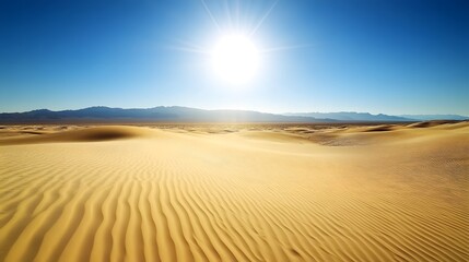 A vast desert of rolling sand dunes under a cloudless sky with shimmering heat waves