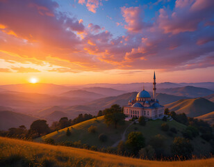 Obraz premium Majestic Mosque Atop Hill at Colorful Sunset with Mountain Views