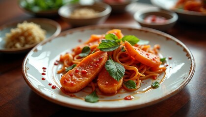 Delicious Spaghetti with Fresh Basil and Tomato Sauce Served on Elegant Plate