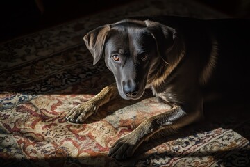 A dark-furred dog lies on a patterned rug in gentle sunlight, gazing intently with warm eyes, creating a calm, cozy atmosphere indoors.