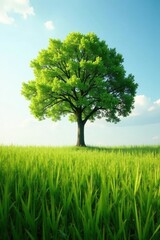 A solitary tree in a vast field of tall grasses, nature, branches, foliage