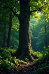 Fototapeta premium Dense foliage surrounding a single tree trunk, solitude, isolation
