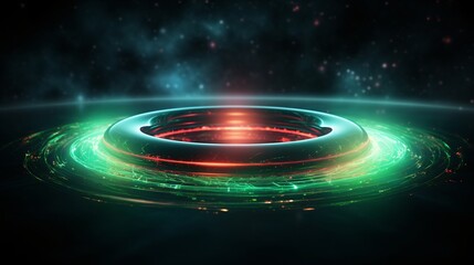 A spinning cosmic ring emitting pulsating neon radiation
