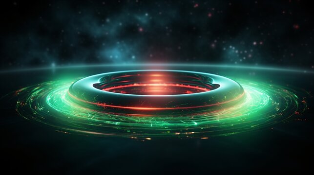 A spinning cosmic ring emitting pulsating neon radiation