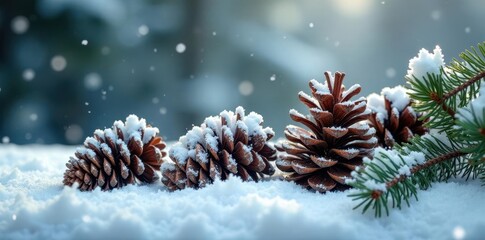 Snow-covered pinecones and evergreen branches, winter wonderland,, rustic