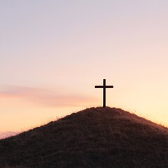 Easter Holiday, Easter Concept, Silhouette of a Cross on Hilltop at Sunset Peaceful Spiritual Scene
