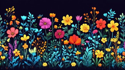 Colorful floral border, vibrant flowers, dark background.  Possible use wallpaper, fabric,  wrapping paper