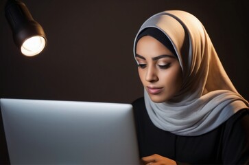 A woman wearing a hijab works as a freelancer and focuses on her work along with a computer with dramatic lighting and photography.
