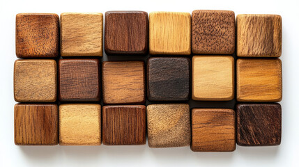 Fototapeta premium Wooden blocks arranged in a grid, showcasing various wood tones and textures, symbolizing natural materials and patterns.Woodworking projects, handmade items, and natural materials.
