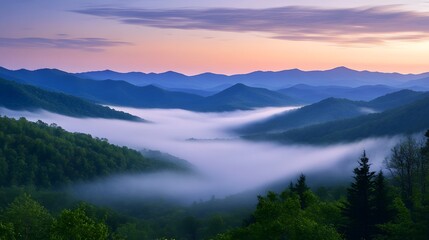 Fototapeta premium A sweeping valley with layered mountains emerging through soft morning fog