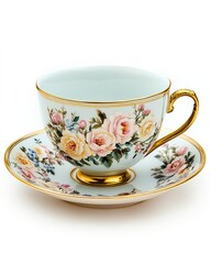 A delicate porcelain teacup with hand-painted floral patterns and a gold-rimmed edge on a matching saucer