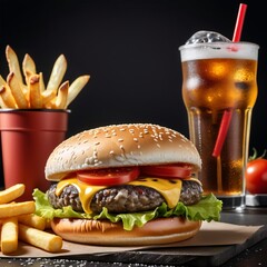 A delicious cheeseburger with melted cheese, crispy lettuce, and fresh tomatoes on a sesame seed bun, with golden fries and a cold soda in the background, high detail, studio lighting