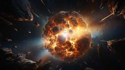 An enormous asteroid with a pulsing core of radiant golden energy