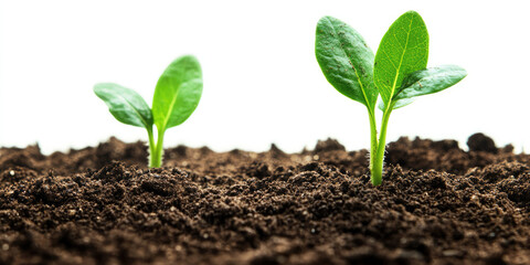 Fototapeta premium Bright green sprouts sprouting from dark,moist soil on simple white background for gardening,agriculture,ecology and new beginnings websites and blogs.