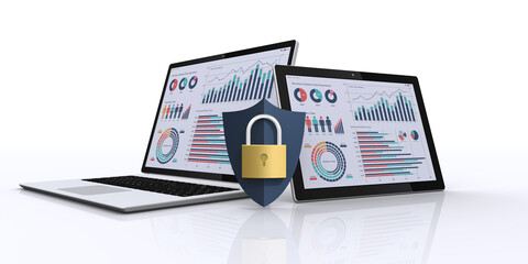 南京錠と盾でガードされるノートパソコンとタブレットPC、セキュリティイメージ