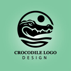 Fierce Crocodile Logo Design in Tribal Style, Modern Vector Art with Bold Black Lines on Green Background for Branding and Mascot Identity

