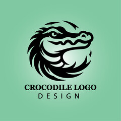 Fierce Crocodile Logo Design in Tribal Style, Modern Vector Art with Bold Black Lines on Green Background for Branding and Mascot Identity

