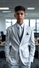 Fototapeta premium Hispanic teen guy in white formal suit whole body portrait in office background