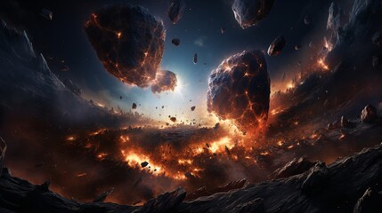 An asteroid splitting apart, revealing an otherworldly energy field