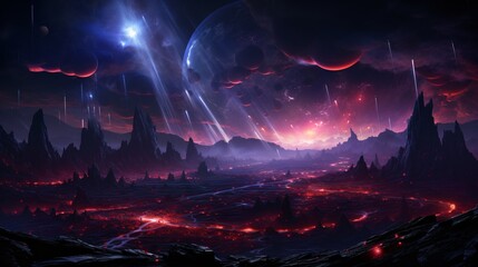Fototapeta premium A glowing meteor field orbiting a neon energy rift
