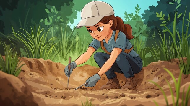 Cultivating Growth: An industrious young woman tends to the soil, planting seeds with care and a hopeful gaze, surrounded by verdant growth and a promise of new life.