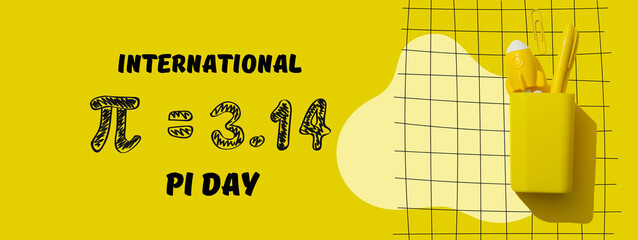 Pi day, pencil case for stationery on the table, on a yellow background.